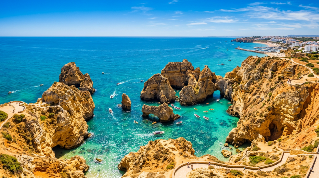 Dramatic golden cliffs and turquoise water at Ponta da Piedade Algarve Portugal