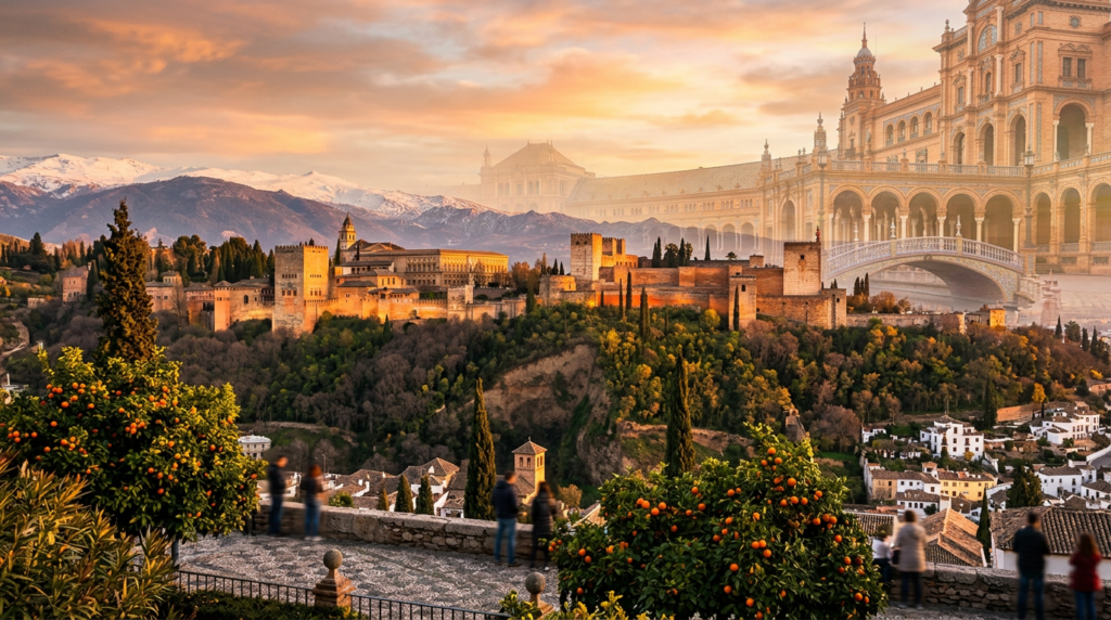The Alhambra in Granada with Sierra Nevada mountains at golden hour
