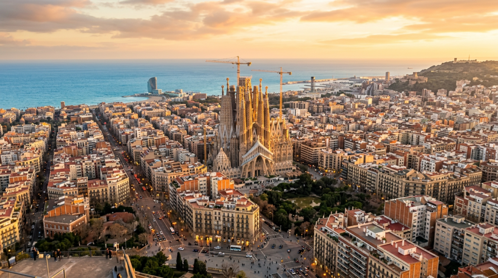 Aerial view of Barcelona with Sagrada Familia at golden hour