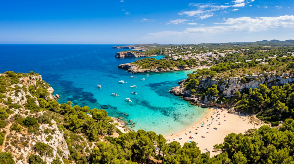 Beautiful turquoise cove beach in Spain with boats and cliffs