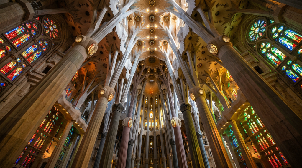 Stunning interior of Sagrada Familia with colorful stained glass and tree-like columns