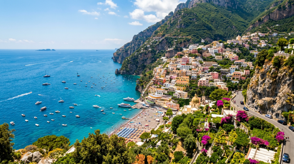 Colorful village of Positano cascading down cliffs to the Mediterranean sea