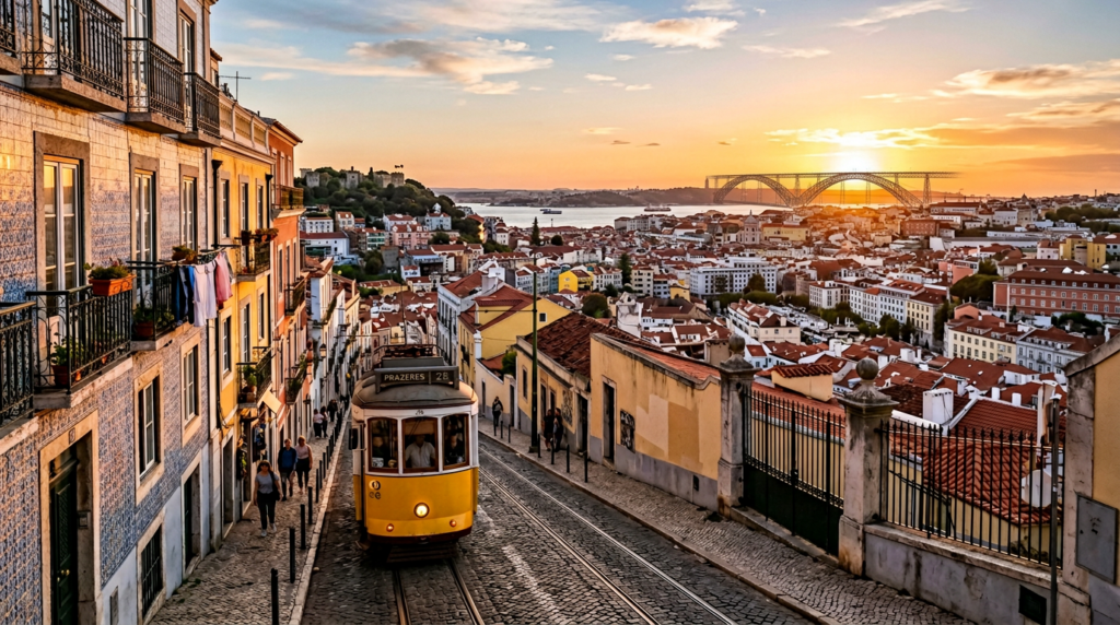 Iconic yellow Tram 28 climbing Lisbon hills with azulejo buildings and bridge at sunset