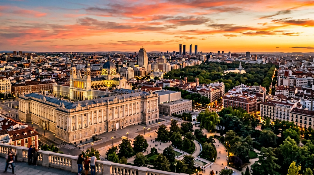 Panoramic view of Madrid with Royal Palace at sunset