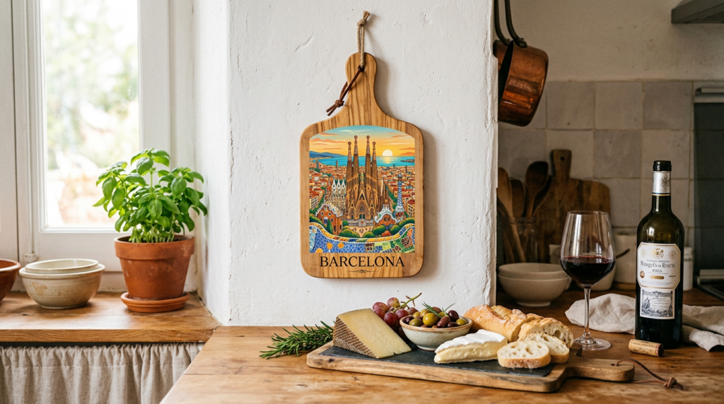 Barcelona souvenir cutting board hanging on kitchen wall with Mediterranean food
