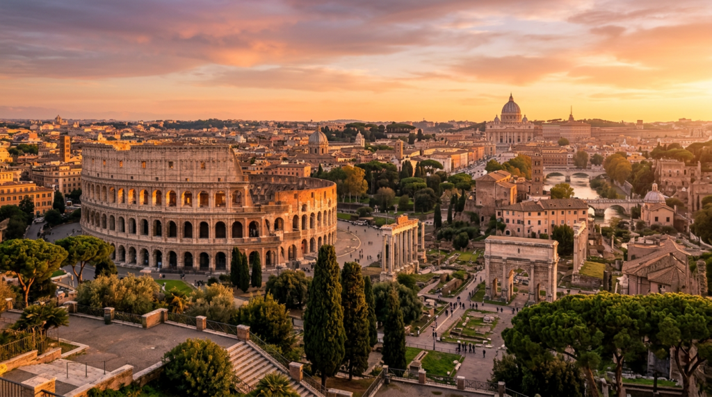 Panoramic view of Rome with the Colosseum and Roman Forum at golden hour