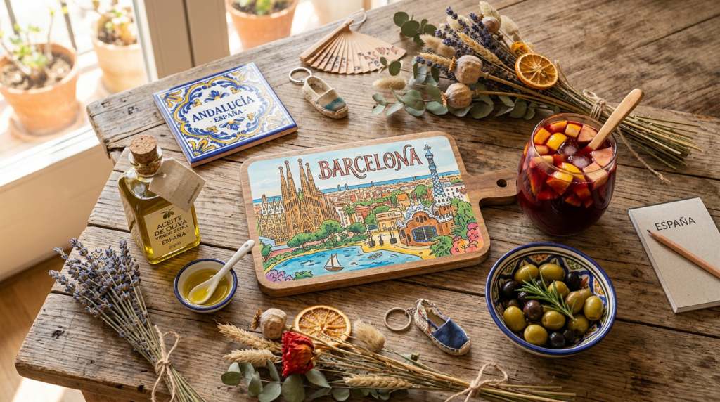 Spanish souvenir cutting board with Barcelona cityscape surrounded by Mediterranean items