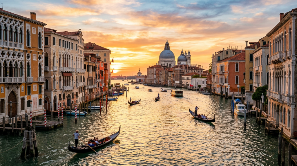 Venice Grand Canal with gondolas and Santa Maria della Salute at sunset