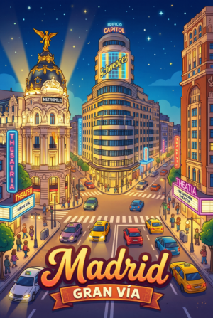 Madrid Gran Vía Night Panorama Board